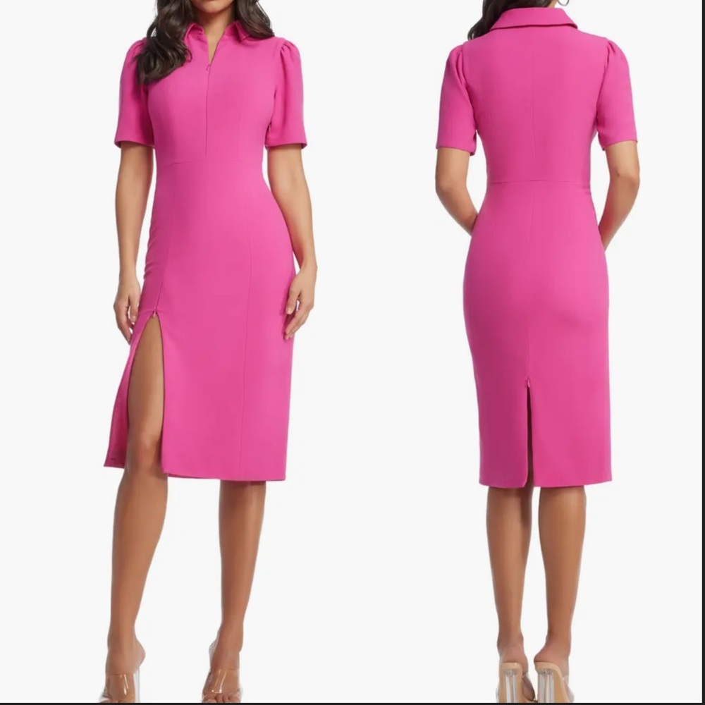 NWOT Dress The Population Gloria Bright Fuchsia Pink Front Zip Sheath Dress Sz M